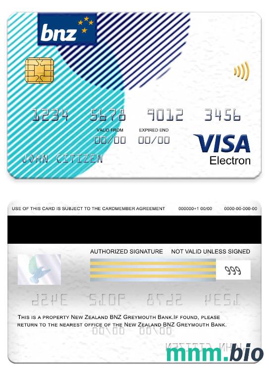 New Zealand BNZ Greymouth Bank visa electron karta przykład w formacie PSD